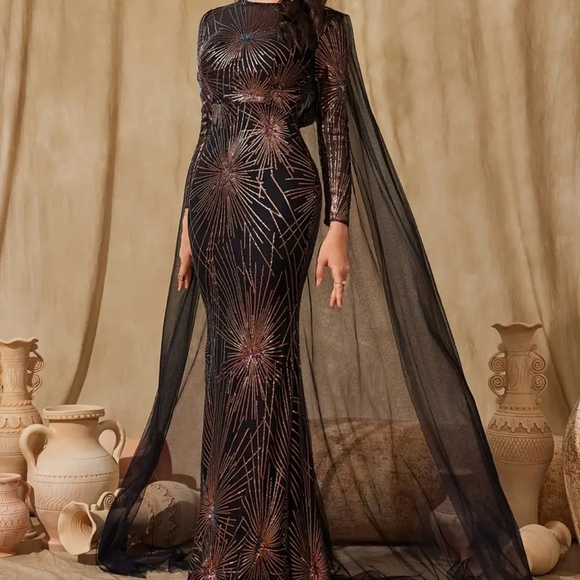 Black Sequin Embellished Gown with Bishop Sleeves - Picture 7 of 16